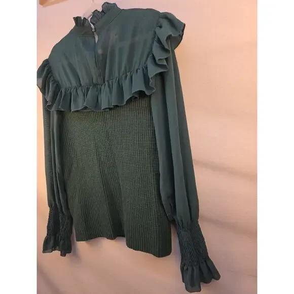 Kirundo Women's extra Large Sweater NWT Green Sheer High Collar Ruffle Preppy - Picture 13 of 16